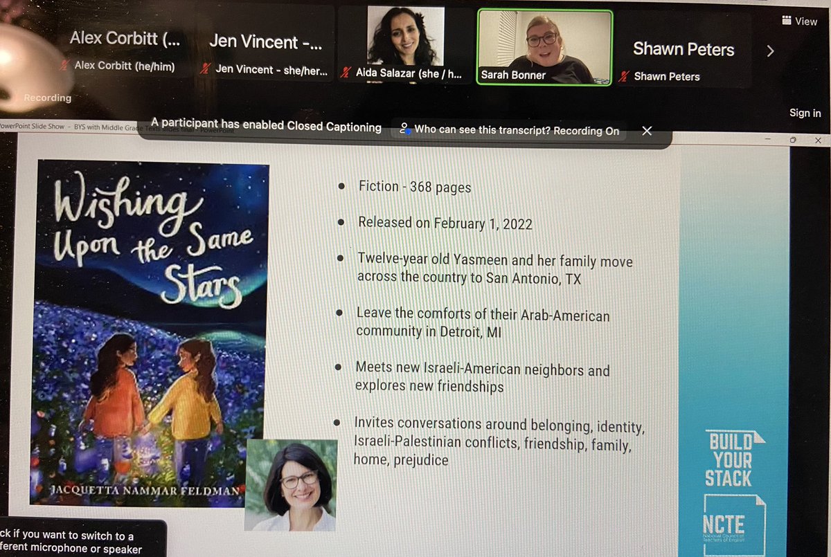 Alex_Corbitt's tweet image. Sarah Bonner sharing a timely book recommendation for middle grades: Wishing Upon the Same Stars by Jacquetta Nammar Feldman. @ncte #BuildYourStack