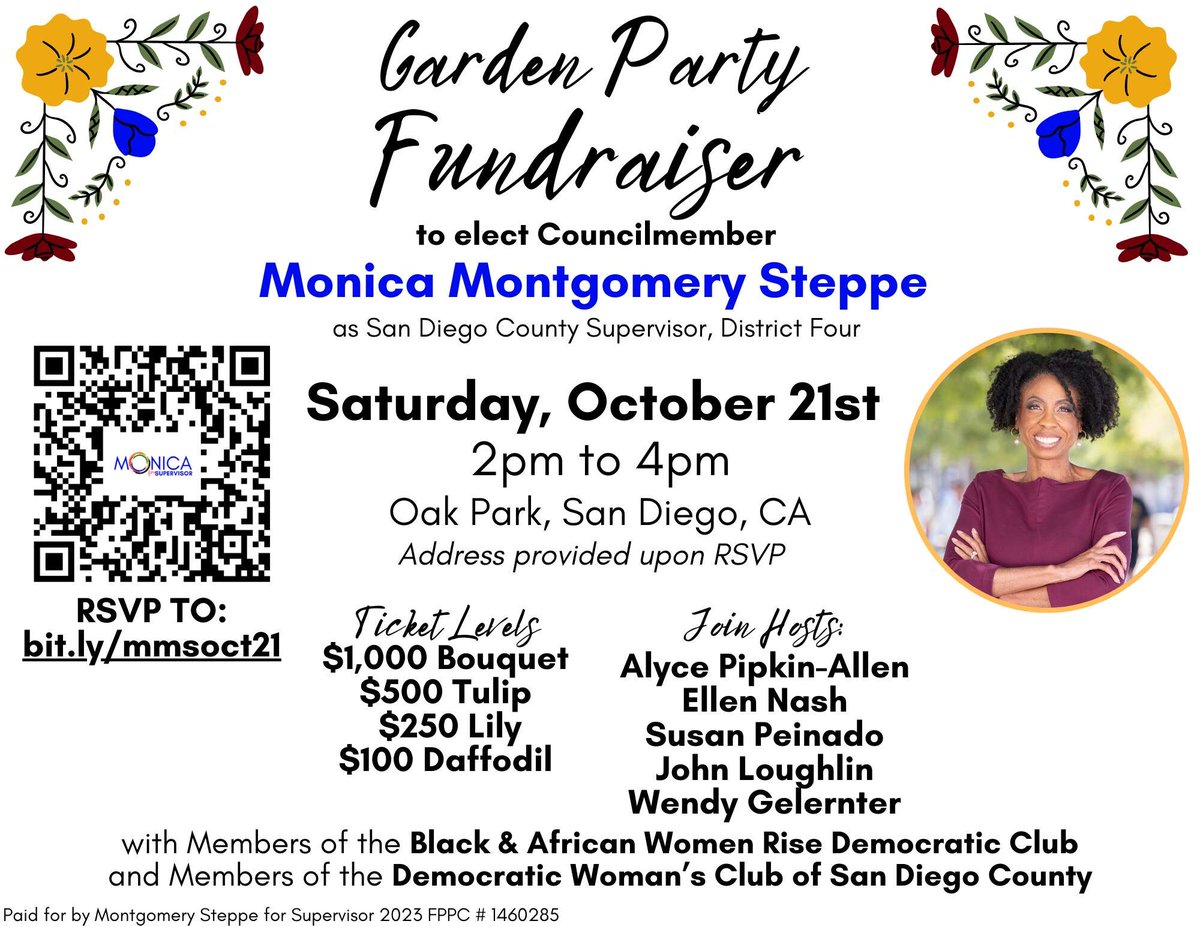 rubywhite's tweet photo. Come meet Monica Montgomery Steppe and help get her elected by donating to her campaign — Saturday Oct 21 at 2:00-4:00PM

https://t.co/7u94fufKJp

Then we'll make history on November 7, 2023 by electing Monica  to represent us in San Diego County’s Fourth Supervisorial District. https://t.co/DEAPYlRQyM
