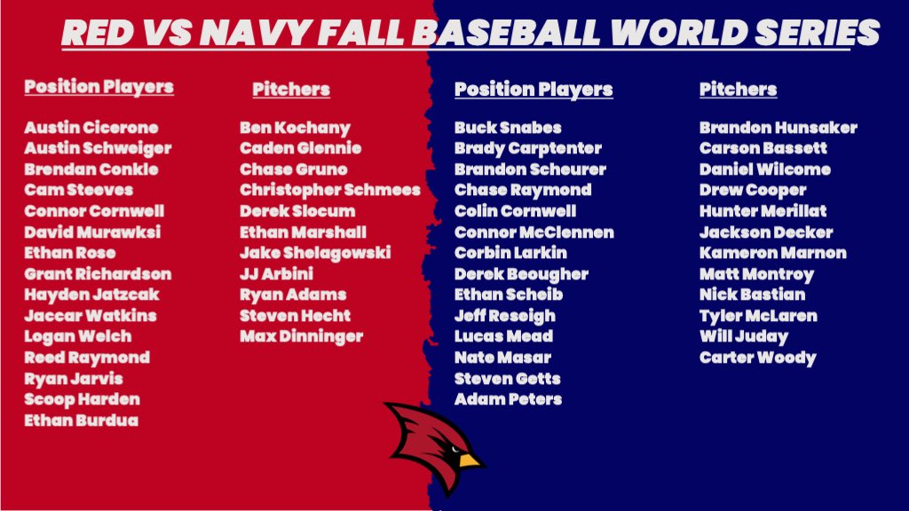 Get your🍿🍿🍿ready! Navy vs Red Fall World Series Best of 5 series 📅 Game 1 Friday October 20th 🕚 3:45 PM 📍SVSU Baseball Complex