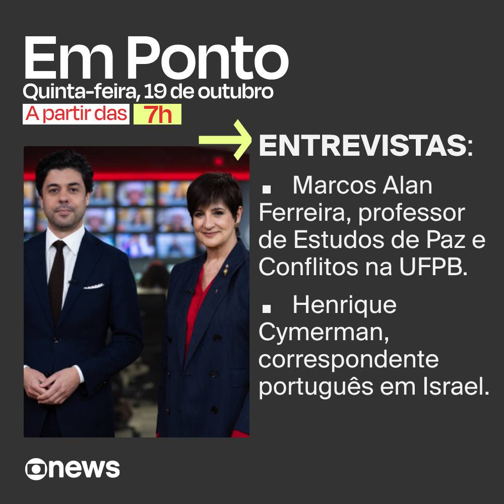 O jornal #EmPonto, com <a href="/MonicaWaldvogel/">Mônica Waldvogel</a> e Tiago Eltz, entrevista o correspondente português em Israel Henrique Cymerman e o professor de Estudos de Paz e Conflitos na UFPB, Marcos Alan Ferreira. Começa às 7h nesta quinta-feira (19), na #GloboNews.

➡ Assista: