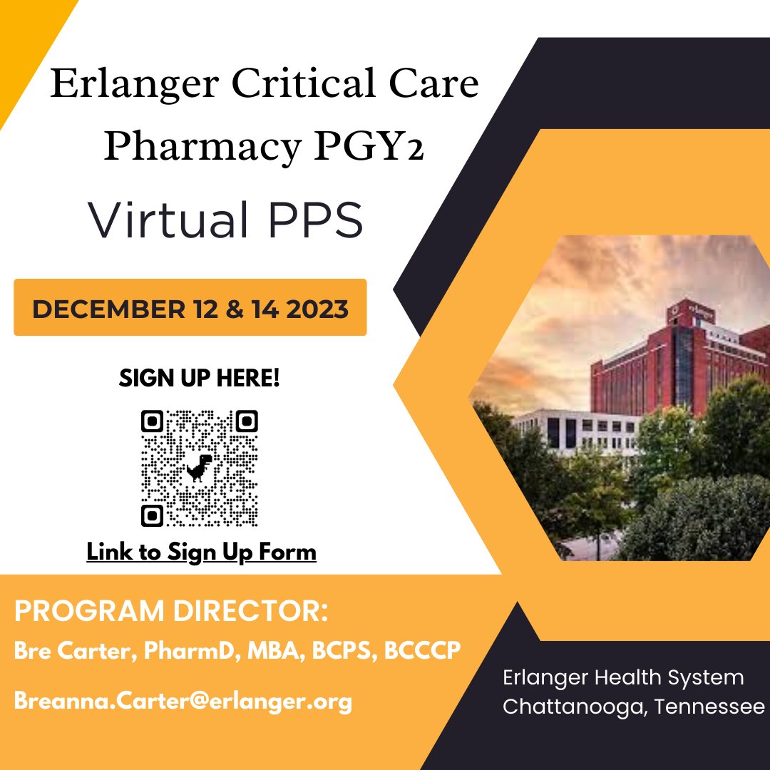 Calling all Critical Care Pharmacy PGY1s! Erlanger Critical Care PGY2 Pharmacy Residency Virtual PPS happening on Dec 12 &amp; 14, 2023! Sign up now!