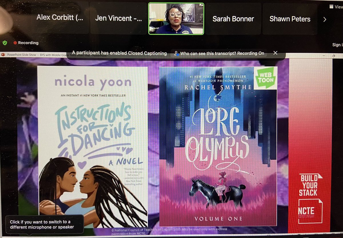 Alex_Corbitt's tweet image. Interested in texts on love and magic? @TokenBlackTeach is talking about @nicolayoon’s Instructions for Dancing and @used_bandaid’s Lore Olympus ✨. Also, if you ever need graphic novel recs, ask Vanee!! @ncte #BuildYourStack