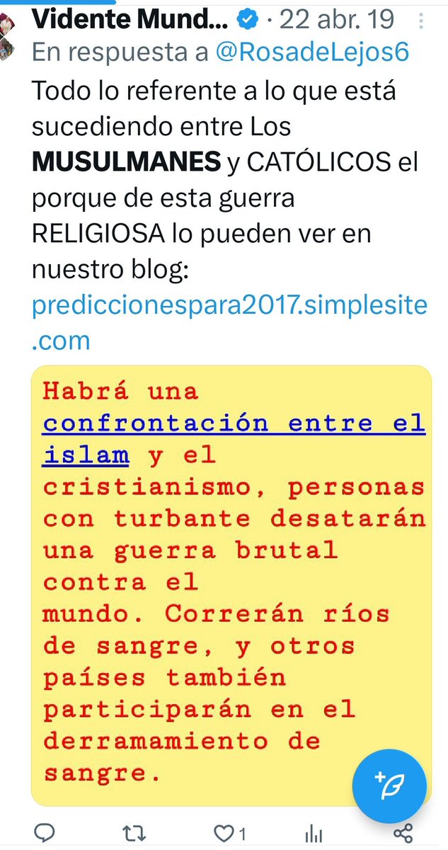 Profeta_Mundial's tweet photo. Seguidores haré un breve resumen de una de nuestras predicciones, la cuál hace muchos años he venido advirtiendo sobre ella.
Mis seguidores antiguos saben que desde el año 2017 qué entré a Twitter vengo advirtiendo qué el continente Europeo, el Asiático y África van a quedar desolados, ya sea por situaciones internas como políticas, económicas o sociales.
También he advertido qué los terroristas qué viven en los  países mulsumanes desatarian una verdadera ola de violencia en diferentes países, muchos de ellos aprovechando la inmigracion se asentarán en territorios cristianos y esto ya se está cumpliendo en el presente. 
He advertido qué países del viejo mundo pondrán sus ojos en latinoamerica por sus recursos naturales, como el agua subterránea, el litio, el cobre, el gas, minerales, madera y los suelos fértiles que posee América entre otras cosas.
He dicho que comprarán o se adjudicaran territorios, pondrán sus multinacionales, bases militares o nucleares muchas de ellas camufladas, y poseerán soberanía sobre esos territorios, (profecía cumplida porque eso está sucediendo a pasos ajigantados, ya no es un secreto).
Pero falta una profecía qué se va a cumplir y es que la verdadera guerra por los recursos naturales entre el Rey del Sur y el Rey del Norte se va a desarrollar en América Latina y ésto está próximo a suceder. 
Veremos una invasión sin precedentes sobre territorios como Argentina, Perú, Chile, Bolivia, Ecuador, Brasil y Uruguay. 
Tanto el Rey del Norte como el Rey del sur se pelearán bélicamente por dichos recursos. 
Este atentos, use discernimiento el lector.
Les pediré si pueden dar RT para que llegue a más personas y se preparen a lo que sucederá para que puedan ir sorteando los obstáculos y poder sobrevivir.
Adjunto pantallazo ya que los blogs nos lo bajaron.