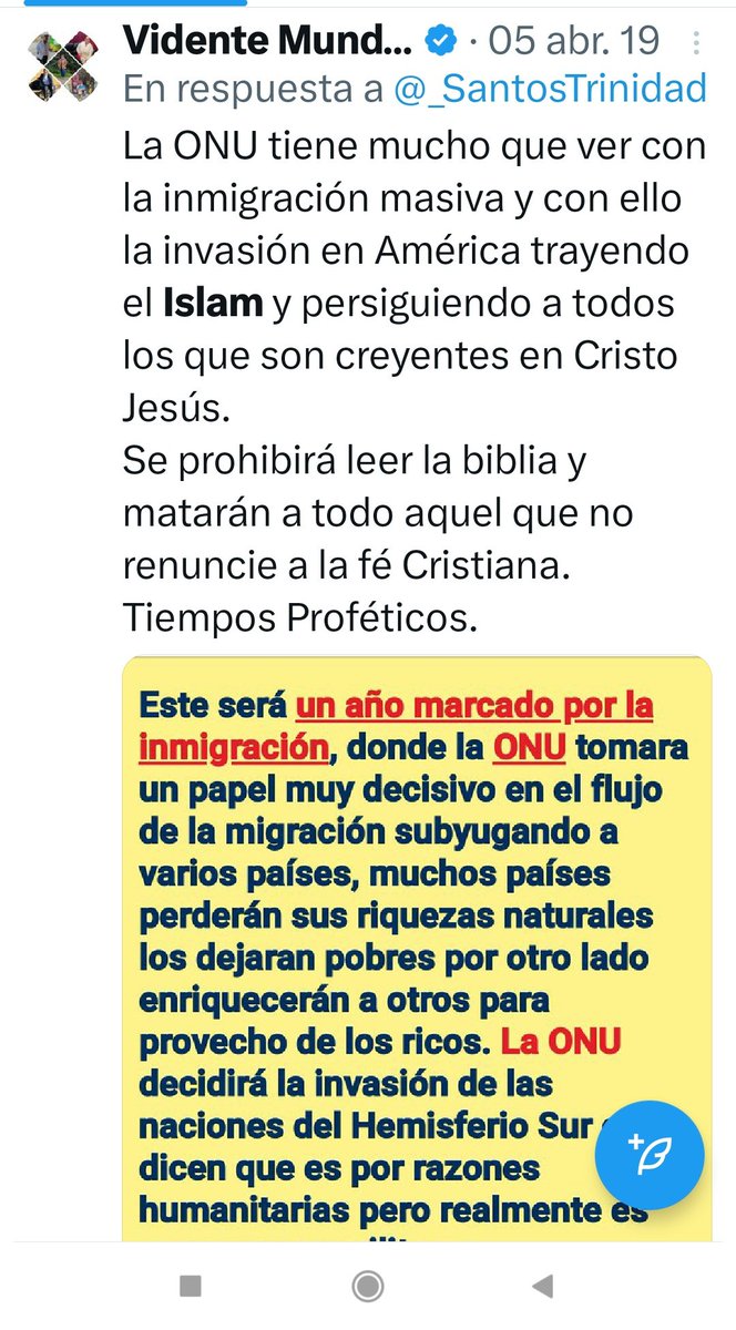 Profeta_Mundial's tweet photo. Seguidores haré un breve resumen de una de nuestras predicciones, la cuál hace muchos años he venido advirtiendo sobre ella.
Mis seguidores antiguos saben que desde el año 2017 qué entré a Twitter vengo advirtiendo qué el continente Europeo, el Asiático y África van a quedar desolados, ya sea por situaciones internas como políticas, económicas o sociales.
También he advertido qué los terroristas qué viven en los  países mulsumanes desatarian una verdadera ola de violencia en diferentes países, muchos de ellos aprovechando la inmigracion se asentarán en territorios cristianos y esto ya se está cumpliendo en el presente. 
He advertido qué países del viejo mundo pondrán sus ojos en latinoamerica por sus recursos naturales, como el agua subterránea, el litio, el cobre, el gas, minerales, madera y los suelos fértiles que posee América entre otras cosas.
He dicho que comprarán o se adjudicaran territorios, pondrán sus multinacionales, bases militares o nucleares muchas de ellas camufladas, y poseerán soberanía sobre esos territorios, (profecía cumplida porque eso está sucediendo a pasos ajigantados, ya no es un secreto).
Pero falta una profecía qué se va a cumplir y es que la verdadera guerra por los recursos naturales entre el Rey del Sur y el Rey del Norte se va a desarrollar en América Latina y ésto está próximo a suceder. 
Veremos una invasión sin precedentes sobre territorios como Argentina, Perú, Chile, Bolivia, Ecuador, Brasil y Uruguay. 
Tanto el Rey del Norte como el Rey del sur se pelearán bélicamente por dichos recursos. 
Este atentos, use discernimiento el lector.
Les pediré si pueden dar RT para que llegue a más personas y se preparen a lo que sucederá para que puedan ir sorteando los obstáculos y poder sobrevivir.
Adjunto pantallazo ya que los blogs nos lo bajaron.