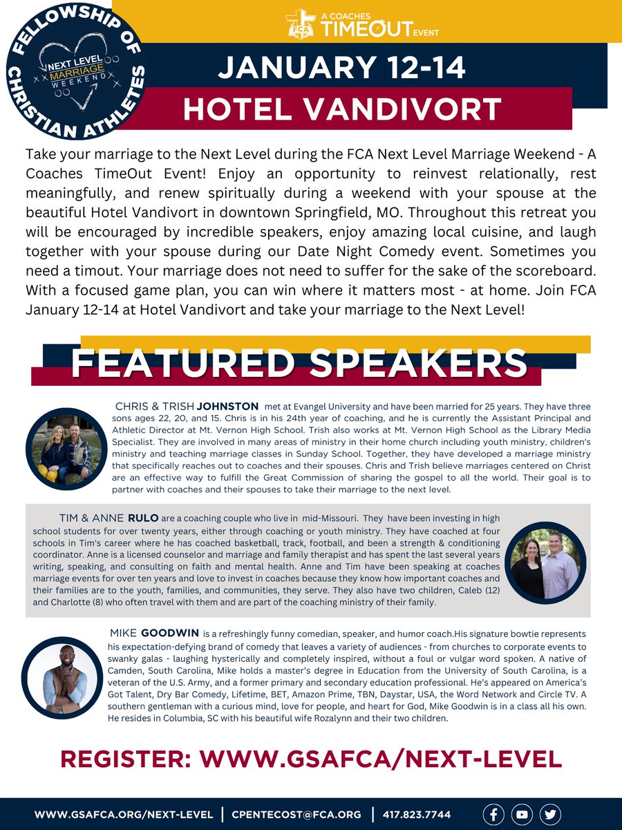 GSA_FCA's tweet photo. 🚨 SAVE THE DATE 🚨

Coaches – Next Level Marriage Weekend January 12-14

Reinvest relationally, rest meaningfully, and renew spiritually at the beautiful Hotel Vandivort.

Registration opens Nov 1st… BUT attend Legacy Night for first dibs.

REGISTER: https://t.co/ahvDjAKXmE https://t.co/OS6Et2gj3N