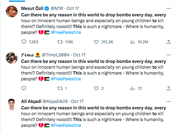 N0rth0ftheW4ll's tweet photo. And additional accounts using the same copypasta message with one bluecheck mark account garnering over 10 million views. #disinfo #dfrlab https://t.co/m5ErAak8PB