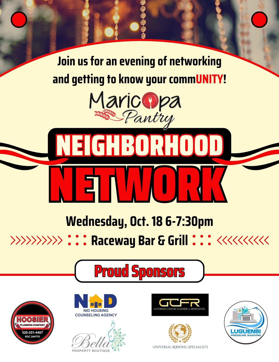 Join us today for our Neighborhood Network event‼️
10/18 6-730p
Raceway Bar &amp; Grill 
Tonight gives business owners, entrepreneurs &amp; individuals invested in supporting our local economy a time to discuss future plans for the commUNITY‼️
#maricopaaz
#community #maricopapantrystrong