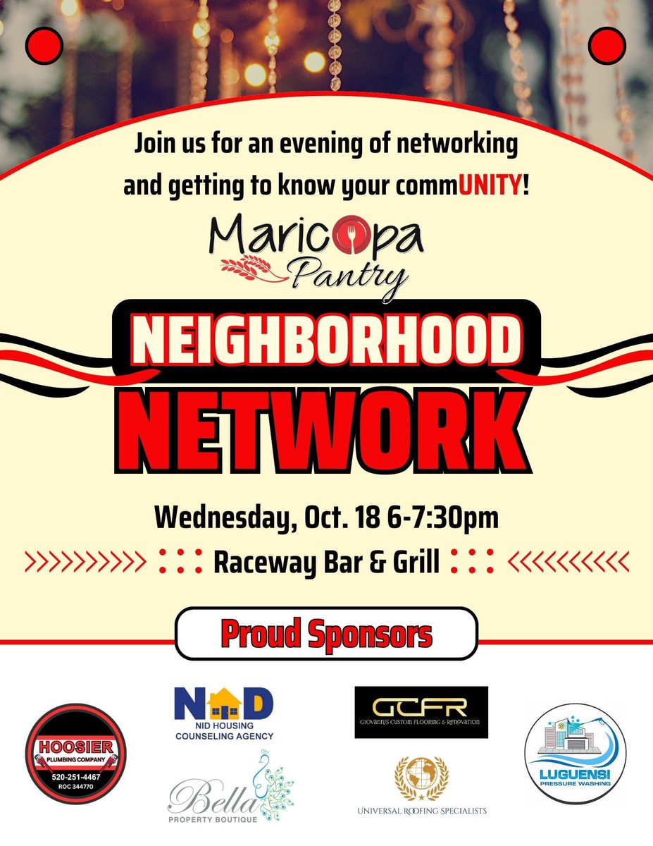 Join us today for our Neighborhood Network event‼️
10/18 6-730p
Raceway Bar & Grill 
Tonight gives business owners, entrepreneurs & individuals invested in supporting our local economy a time to discuss future plans for the commUNITY‼️
#maricopaaz
#community #maricopapantrystrong