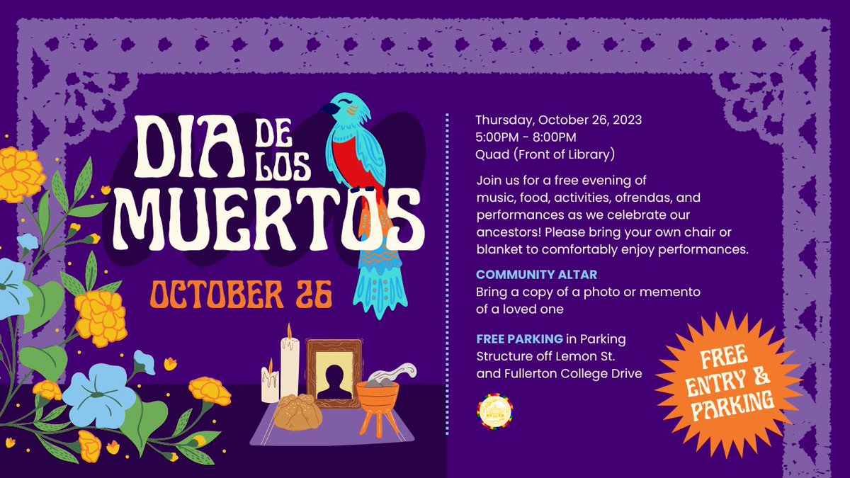 It's that time of year again! Fullerton College and the Cadena Cultural Center invite the community to our Dia De Los Muertos Celebration on Oct. 26. Enjoy cultural food, musical performances, view the vibrant ofrendas, and enjoy this free community celebration.