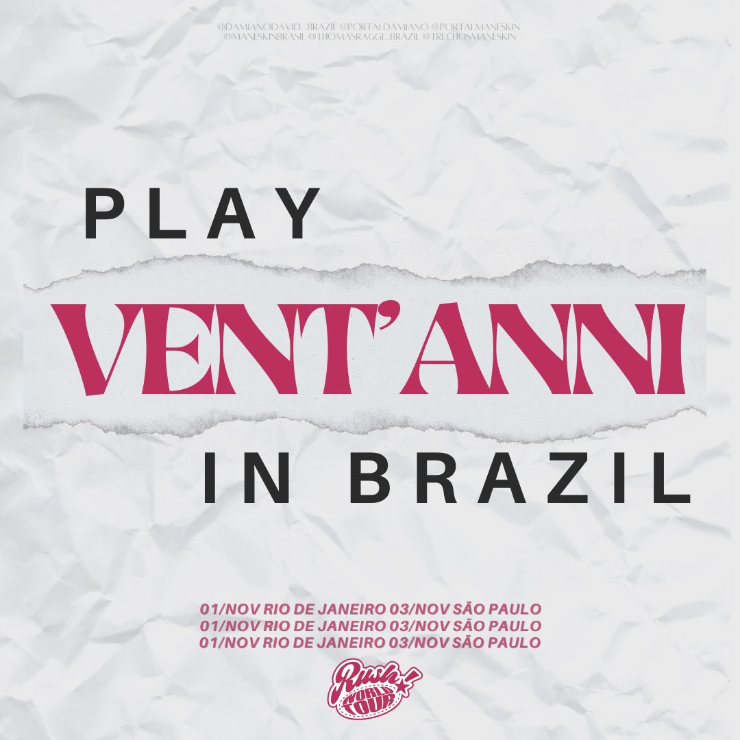 PortalDamiano's tweet photo. Restam 2 semanas para os shows de Måneskin no Brasil e eles nos devem VENT’ANNI! Já deve ter dado tempo de ensaiar, né @thisismaneskin? 👀 

Compartilhem o post, marquem a banda, aqui e em outras redes sociais! Usem também a hashtag #PLAYVENTANNIINBRAZIL 🇧🇷 Vamos fazer barulho! https://t.co/s59nA7e75b