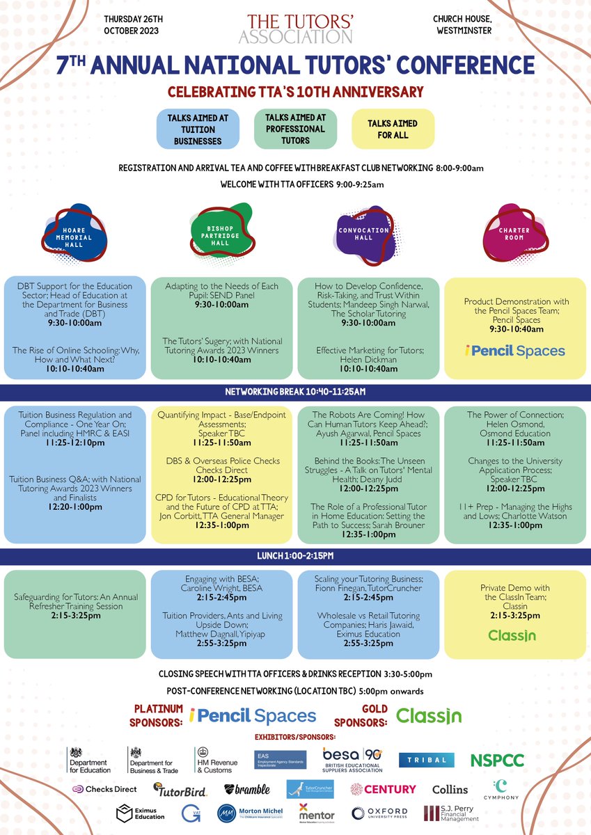 TheTutorsAssoc's tweet photo. 🗓️ Have you seen what's in store at the National Tutors' Conference 2023!? 👀
🌟 Uncover sessions that will reshape the way you approach education. Join us for an enriching day of insights and connections in UK tutoring. Secure your spot! 📚🎉 #NTC23 https://t.co/Jcu5E30bIF https://t.co/ZOqXrbqES8