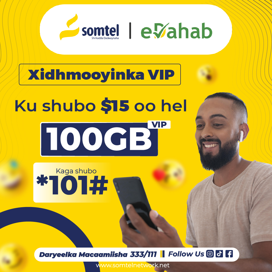 VIP BUNDLE
Macmiil Shirkada Somtel waxay kuu Diyaarisey VIP bundle oo aad $15 oo kaliya ku helayso internet Data dhan 100 GB oo Xawaarihiisu aad u sareeyo.

Hada kaga shubo *101# dooro 5 Xidhmo Vip

#Somtel
#fastinternet
#VIP