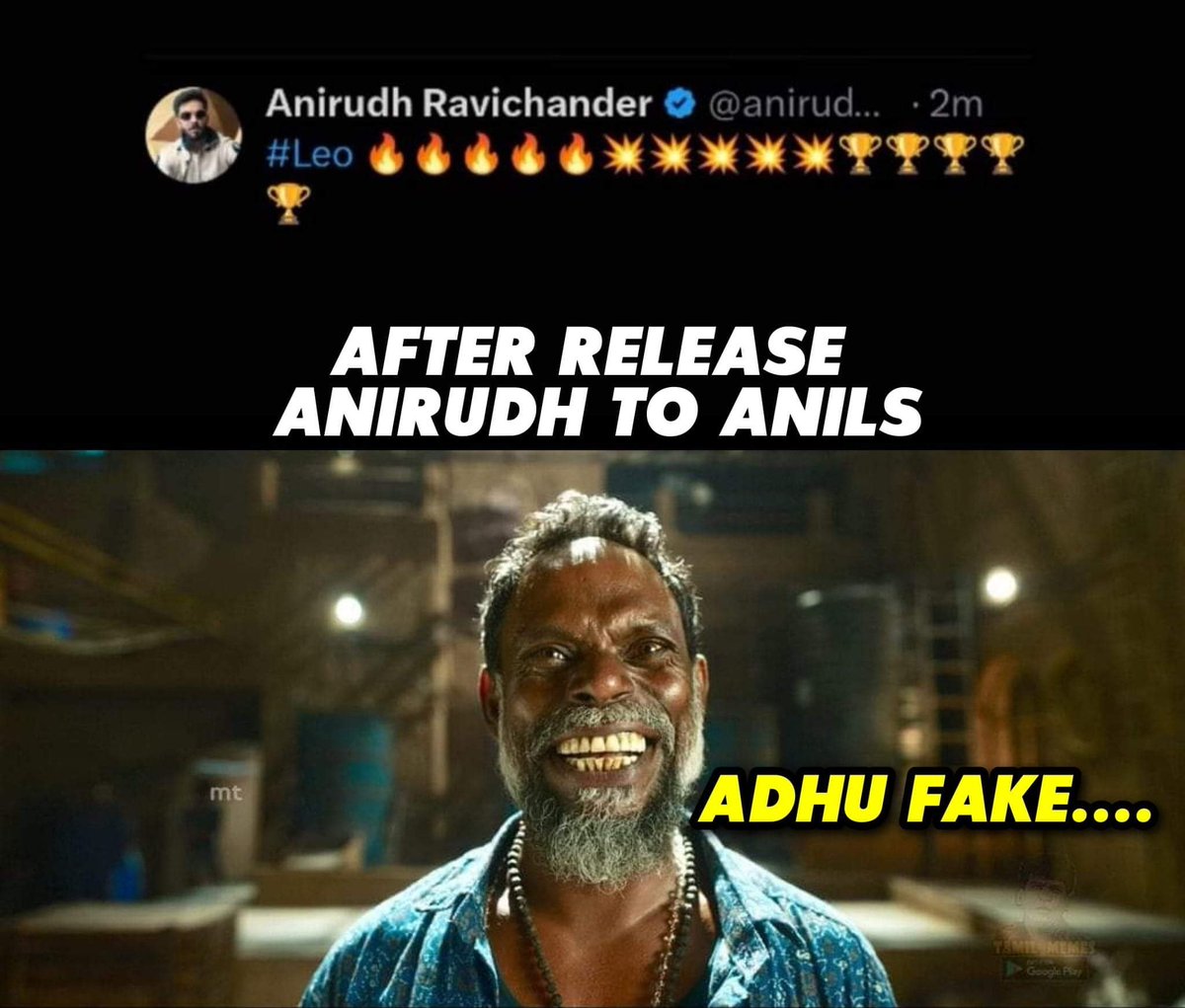Vicky_CR7_3's tweet photo. Pitty for Ani 🤧🤧🤧🤧
Gay Jagadish kulamhana bayapdrathu ?
@anirudhofficial
#LeoReview #LeoD https://t.co/lamVjJlbPJ
