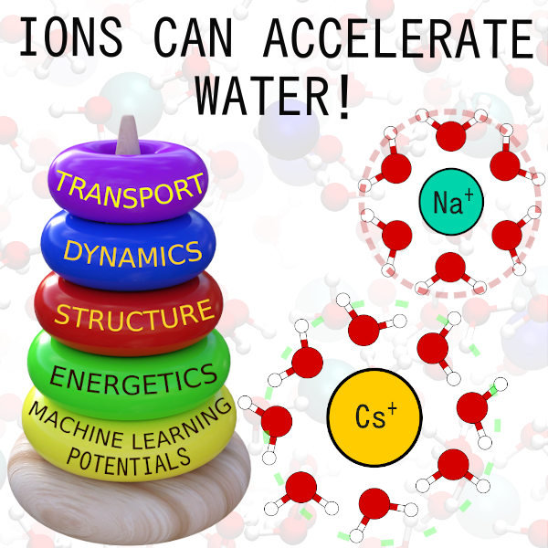 Work of <a href="/avs_nikhil/">Nikhil V S Avula</a> along with Prof. Michael Klein in JPhysChemLett.
Expt: NaCl dissolved in water slows it down, while CsI speeds it up. 
Reproduced &amp; interpreted here via MD simulations with Machine Learned Potentials trained on Condensed phase DFT data
pubs.acs.org/doi/pdf/10.102…