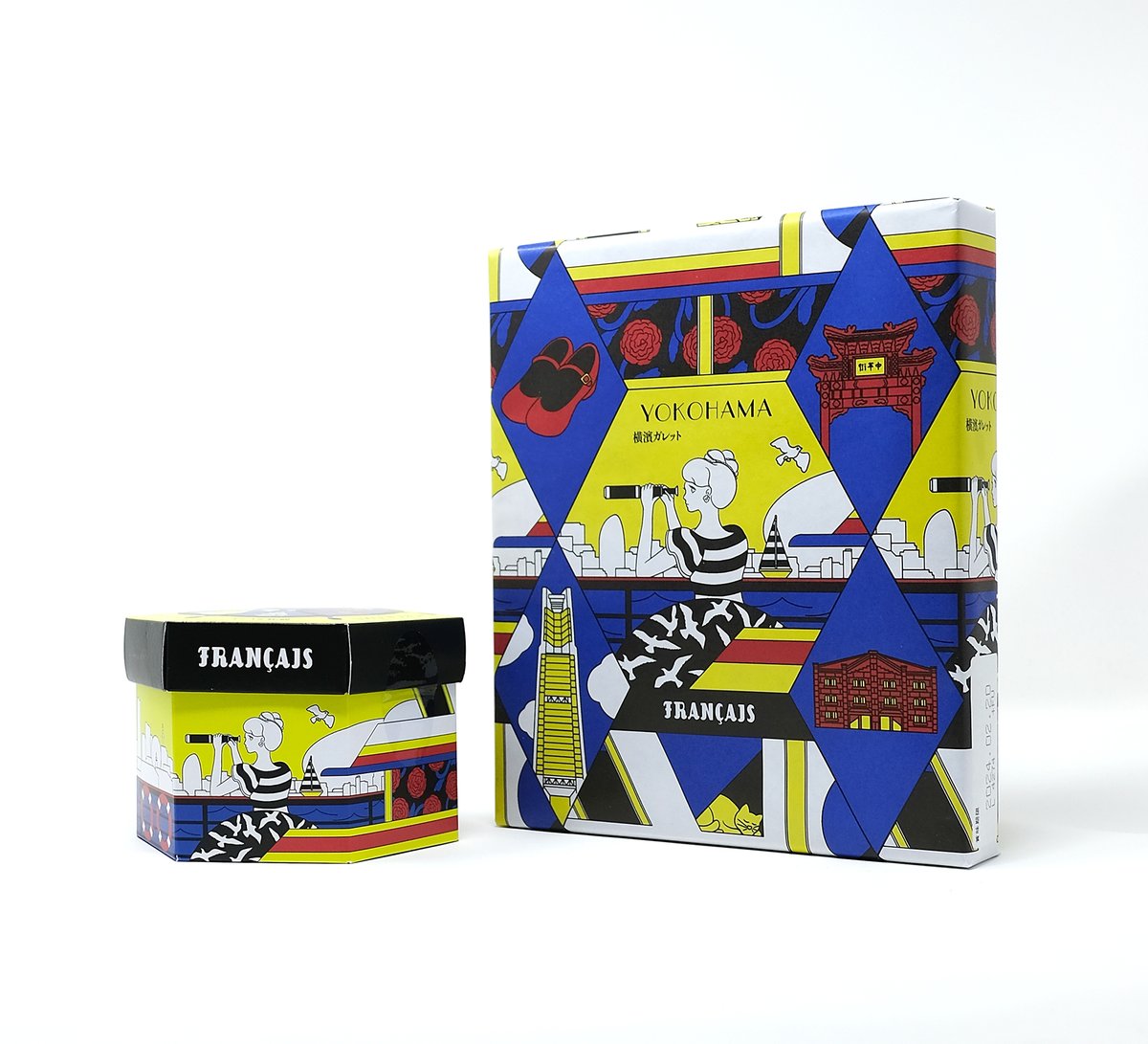 フランセの新製品、横濱ガレットが発売、イラストを担当しました。アートディレクションは河西達也さん。今回はサイズによって箱の形状が違うという変則的な仕様でしたので、双方に同じ絵がうまく入るような構成を一緒に考えるのが楽しかったです。