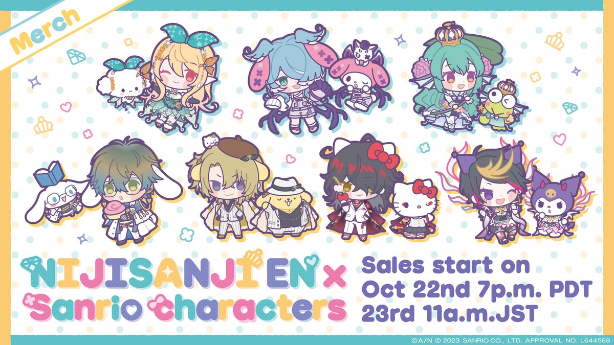 【#NIJISANJI_EN × Sanrio characters】

IT'S HAPPENING! New NIJISANJI EN and Sanrio characters collaboration merch🎉

On sale from Oct 22 at 19:00 PDT!

🔻Details:
anycolor.co.jp/news/tz-t4g42-d