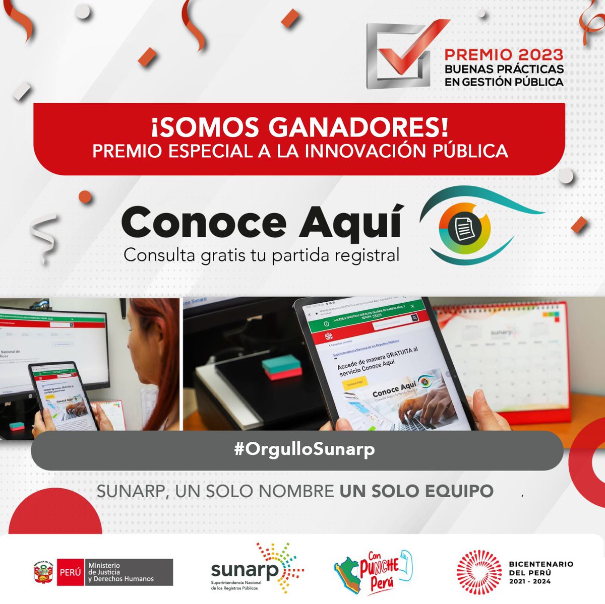 SunarpOficial's tweet photo. #OrgulloSunarp💪| ¡Ganamos!
🏅Recibimos el premio más importante de #BuenasPracticas2023, el Premio Especial a la Innovación Pública por nuestro servicio #ConoceAquí, que permite a los ciudadanos acceder, gratis y en línea, al contenido de las partidas registrales.👏🥳
@PremioBPG https://t.co/4CZB7GxoU3