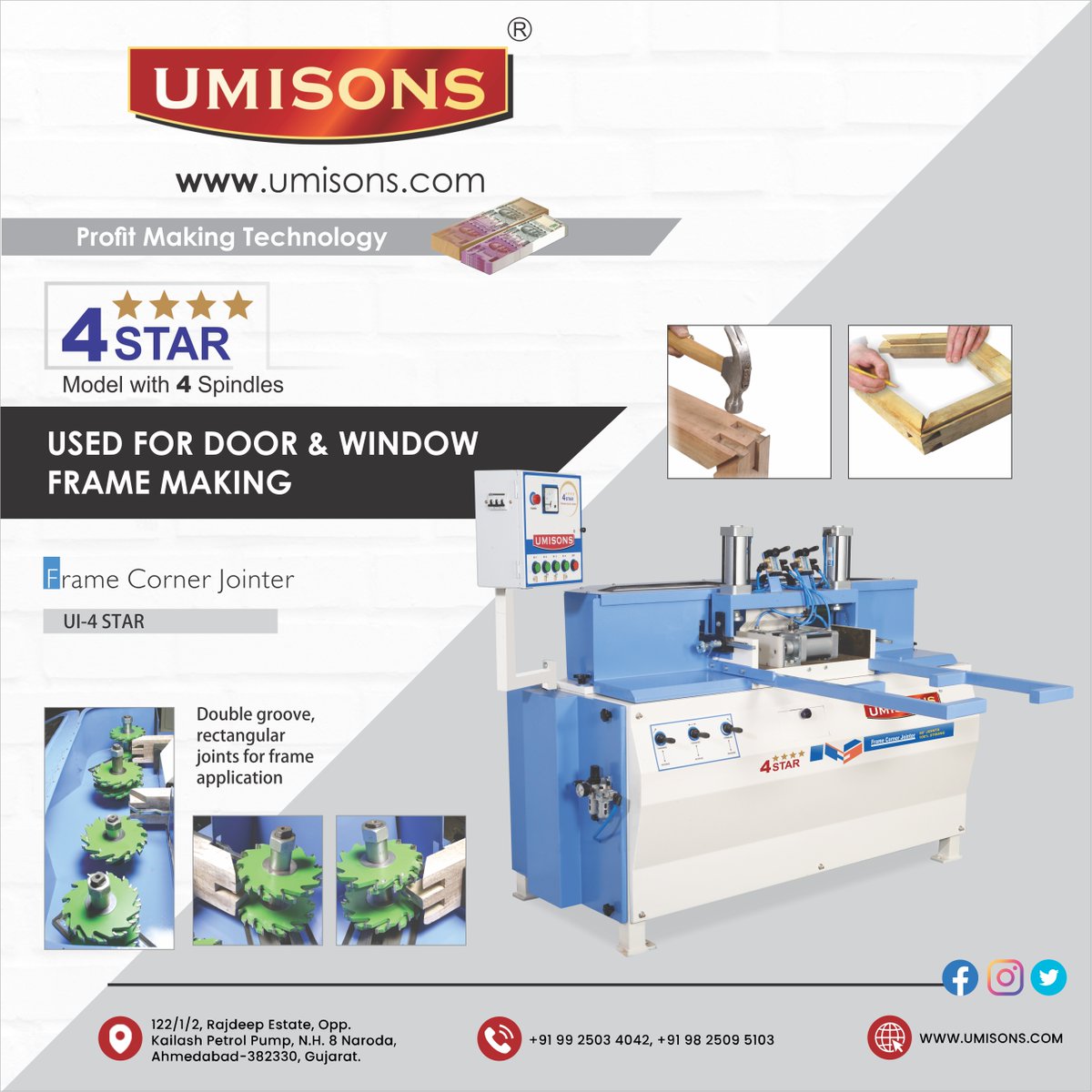Umisons's tweet image. Buy Frame Corner Joint Machine with Profit-Making Technology by #umisonsindustries
Uses: USED FOR DOOR &amp;amp; WINDOW FRAME MAKING
For further information,
Call:+91 9925034042, +91 9825095103, +91 9925049042
Visit: umisons.com
#Frame #framecorner #CornerJointMachine