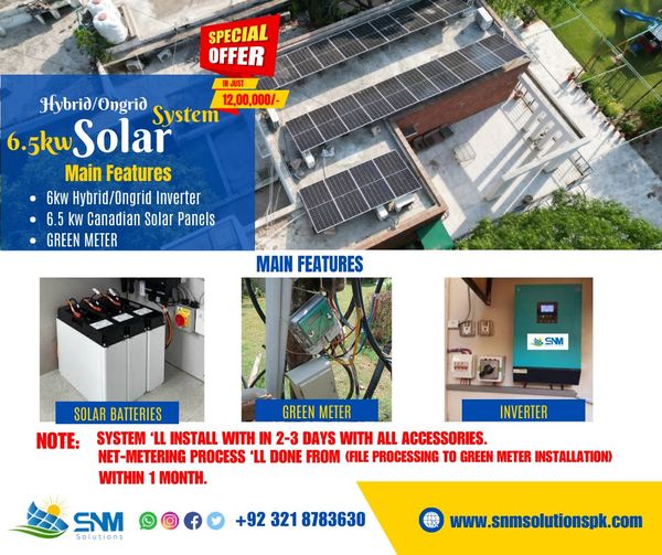 SnmSolutions1's tweet image. 6.5kw Hybrid/Ongrid Solar System can generate annually approx.9500-Units and can reduce 1898KG carbon footprints from environment. So, Save money and environment with energy independence.
#SolarSolutions
#SolarNetmetering
#Hybridsolarsystem
#Ongridsolarsystem
#Solarwaterpump