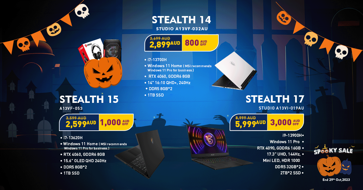 AustraliaMSI's tweet photo. Embrace the eerie excitement of the Halloween season with MSI's spine-tingling Spooky Sale!
๐ฆ๐บ https://t.co/0FtxQ558MY
#MSISpookySale #TechTreats #HalloweenSavings #MSIGAMING #msiNO1ingaming #iamagamer @IntelANZ @NvidiaANZ #trickortreat https://t.co/3YKj8o3p53