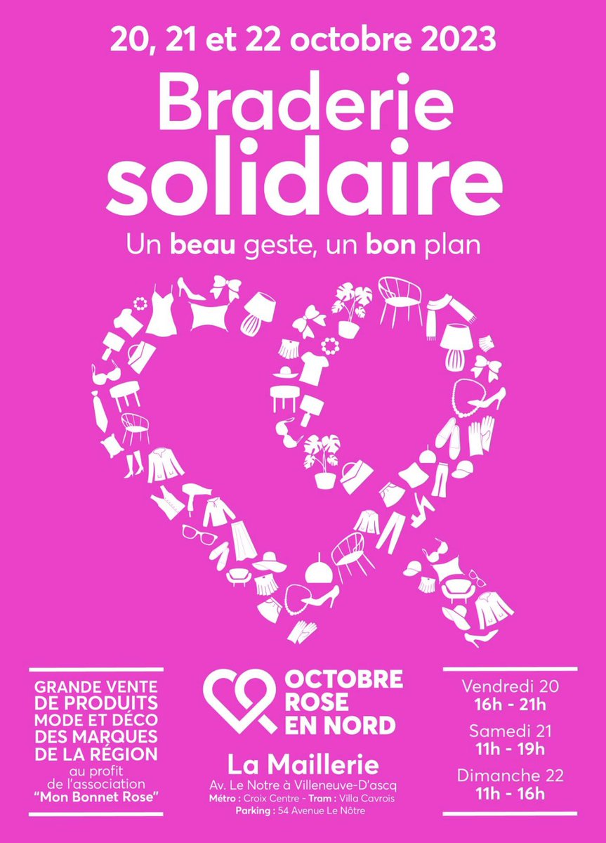 Ce week-end à <a href="/LaMaillerie/">LaMaillerie</a> 25 000 produits bradés pour Octobre Rose En Nord avec des marques incontournables <a href="/LaRedouteFr/">La Redoute</a> <a href="/RougegorgeL/">RougeGorge lingerie</a> <a href="/bizzbee/">BZB *the new Bizzbee</a> <a href="/tapealoeil/">Tape à l'oeil</a> <a href="/fashiongreenhub/">Fashiongreenhub</a>  etc.