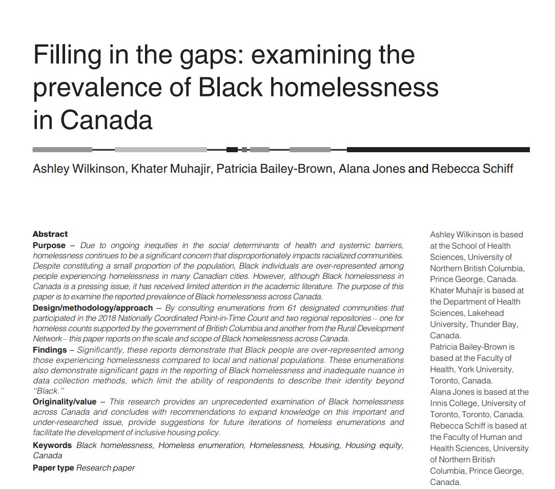After a year in the making, I'm beyond excited to share our new paper 'Filling in the gaps: examining the prevalence of Black homelessness in Canada' published in Housing, Care and Support!🥳🎉
doi.org/10.1108/HCS-04…
#Blackhomelessness #HousingEquity #Homelessness #Housing