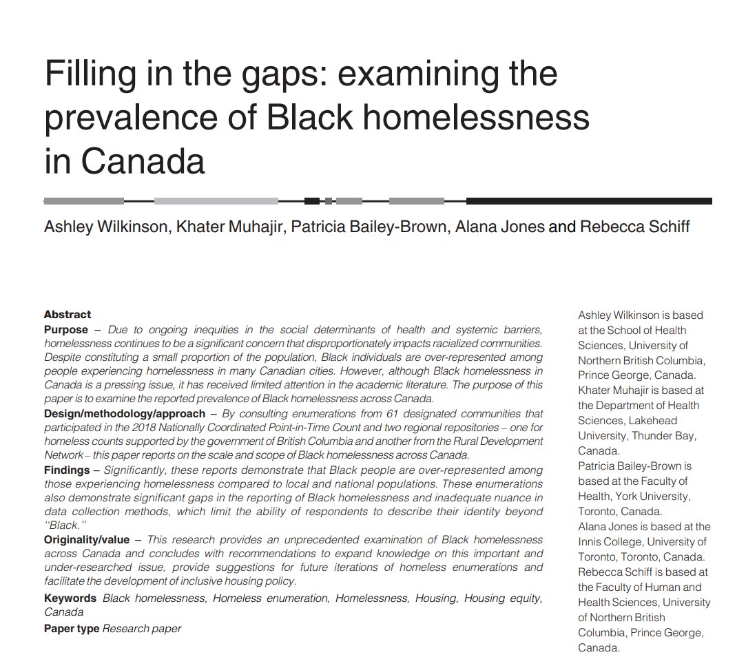 After a year in the making, I'm beyond excited to share our new paper 'Filling in the gaps: examining the prevalence of Black homelessness in Canada' published in Housing, Care and Support!🥳🎉 doi.org/10.1108/HCS-04… #Blackhomelessness #HousingEquity #Homelessness #Housing