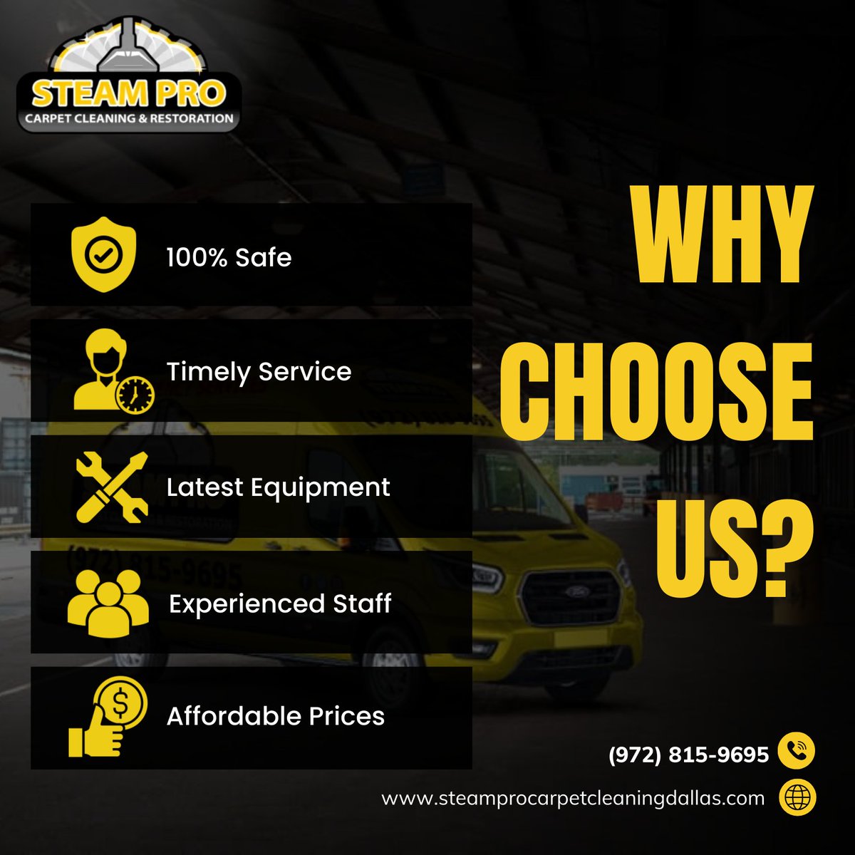 SteamProDallas's tweet image. 🌟 Why Choose Us? Discover the Steam Pro Carpet Cleaning &amp;amp; Restoration Difference!🌟
When it comes to cleaning and restoration services, we're the name you can trust.

🌐:steamprocarpetcleaningdallas.com
☎:(972) 815-9695

#ChooseUs #TrustedService #SafetyFirst #TimelyDelivery #TopChoice