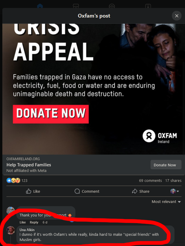 poly_mathmo's tweet photo. @dublincityfm @After_WhatNow @DubCityCouncil He and his wife are notorious islamophobes. This is what his wife has to say publicly on an appeal for aid for Palestinian families (unfortunately I've no screenshots for the things they say in private): https://t.co/i7tQWJldAx