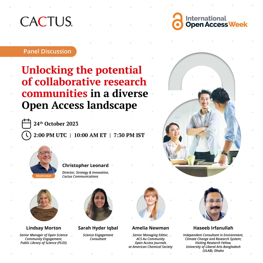 Cactusglobal's tweet image. 🚨Timing update for our #OpenAccessWeek2023 panel discussion, which will now take place on:
🗓️24 Oct 2023
🕢2:00 PM UTC  |  10:00 AM ET  |  7:30 PM IST

Mark your calendars for this event featuring our esteemed panelists — Amelia Newman, @lindseeeeee, @SarahHyder, @hmirfanullah,…