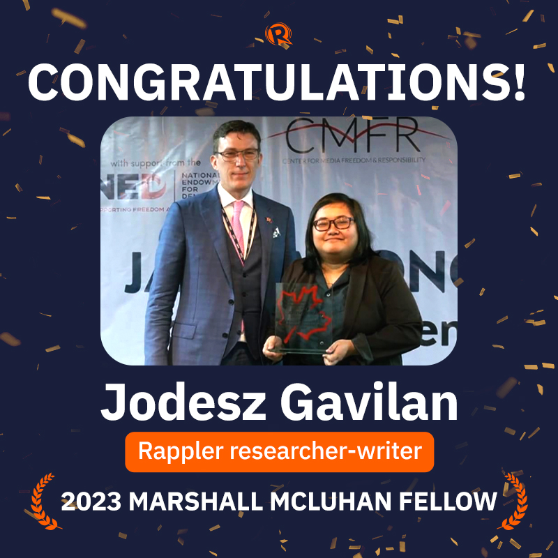 #CourageON, Jodesz! 🧡

Rappler researcher-writer Jodesz Gavilan (@jodeszgavilan) is this year’s Marshall McLuhan fellow for her 'unique commitment to investigative journalism.' A journalism graduate of UP Diliman,  #HoldTheLine #TeamRappler
