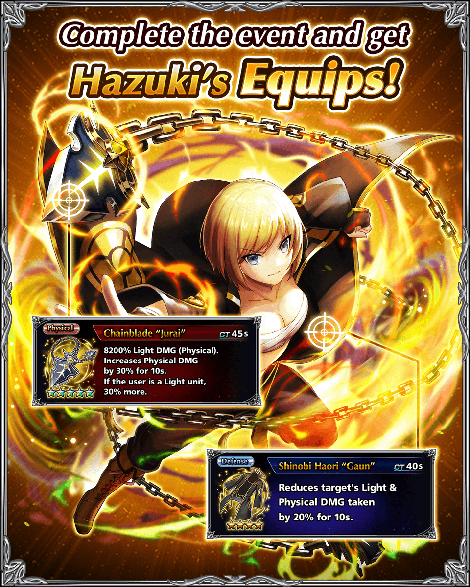 GRDSMN_GLOBAL's tweet photo. Played through the New Legend of the Forbidden Ninja Scroll Act 4 Story Event yet? ✨  

It features some awesome Equips, including Chainblade "Jurai", which is a huge boon for Physical Light units looking to dish out even more DMG! https://t.co/zhL8yzqSH6