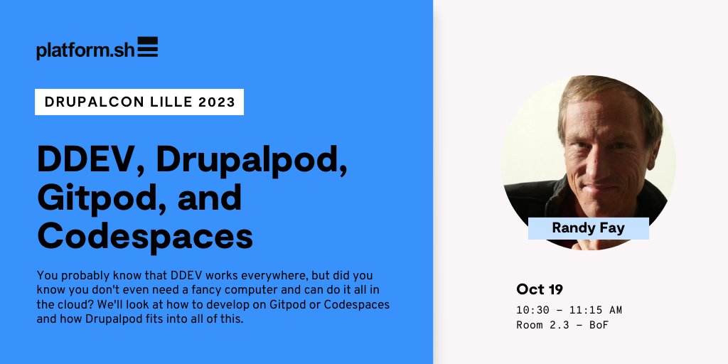 #DDEV @DrupalConEur Bof 10:30am on remote 'local' development environments, with Gitpod, Github Codespaces, and Drupalpod. These new options make great additions to your toolbox, a wonderful free or inexpensive set of Linux machines you can use anywhere.