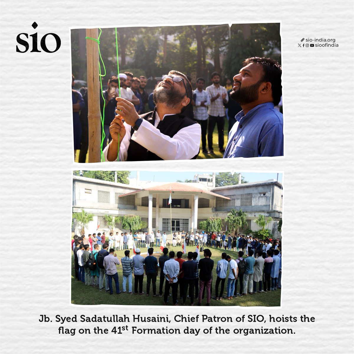 sioindia's tweet image. Jb. Syed Sadatullah Husaini, Chief Patron of SIO, hoists the flag on the 41st Formation day of the organization.

#October19 #FormationDay
#SIO #SIOofIndia