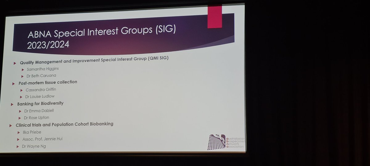 New @ABNAonline Special Interest Groups on (1) #QualityManagement @VicCancBiobank @NSWHSBiobank (2) Postmortum @CassPGriffin @MCRI_for_kids (3) #Biodiversity @Rose_Upton1 (4l #ClinicalTrials/ #PopulationHealth @VicCancBiobank Interested? Please get in touch! #ABNA2023GoldCoast