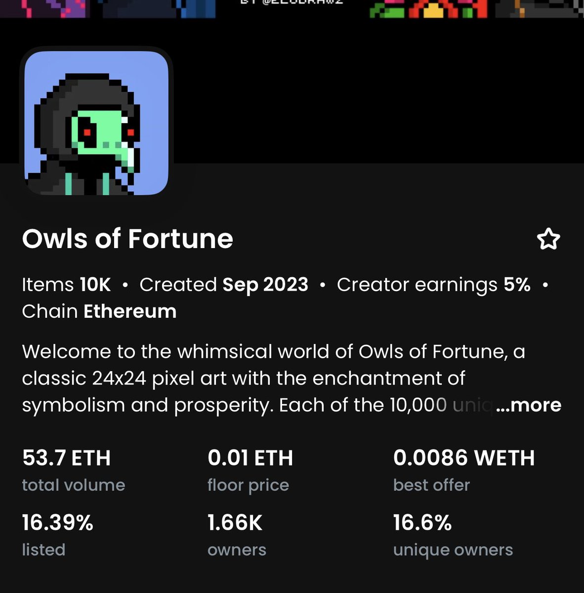 Tma_420's tweet photo. Floor at 0.01 and listings down by almost 8 percent now. 

@owlsoffortune @FunkariNft https://t.co/b4WU1sne6g