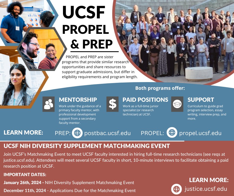 Looking for paid research experience before applying to PhD programs? Check out these fantastic @UCSF postbac programs: @UCSF_PROPEL and PREP. Deadline to apply for the matchmaking event is Dec. 11. justice.ucsf.edu 👩🏽‍🔬🧑🏿‍🔬🧬🦠🔬🧫