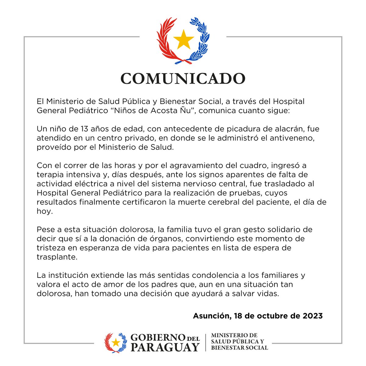msaludpy's tweet photo. #ATENCIÓN| El Ministerio de Salud Pública y Bienestar Social, a través del Hospital General Pediátrico "Niños de Acosta Ñu", comunica cuanto sigue: https://t.co/zUKKhXki5i