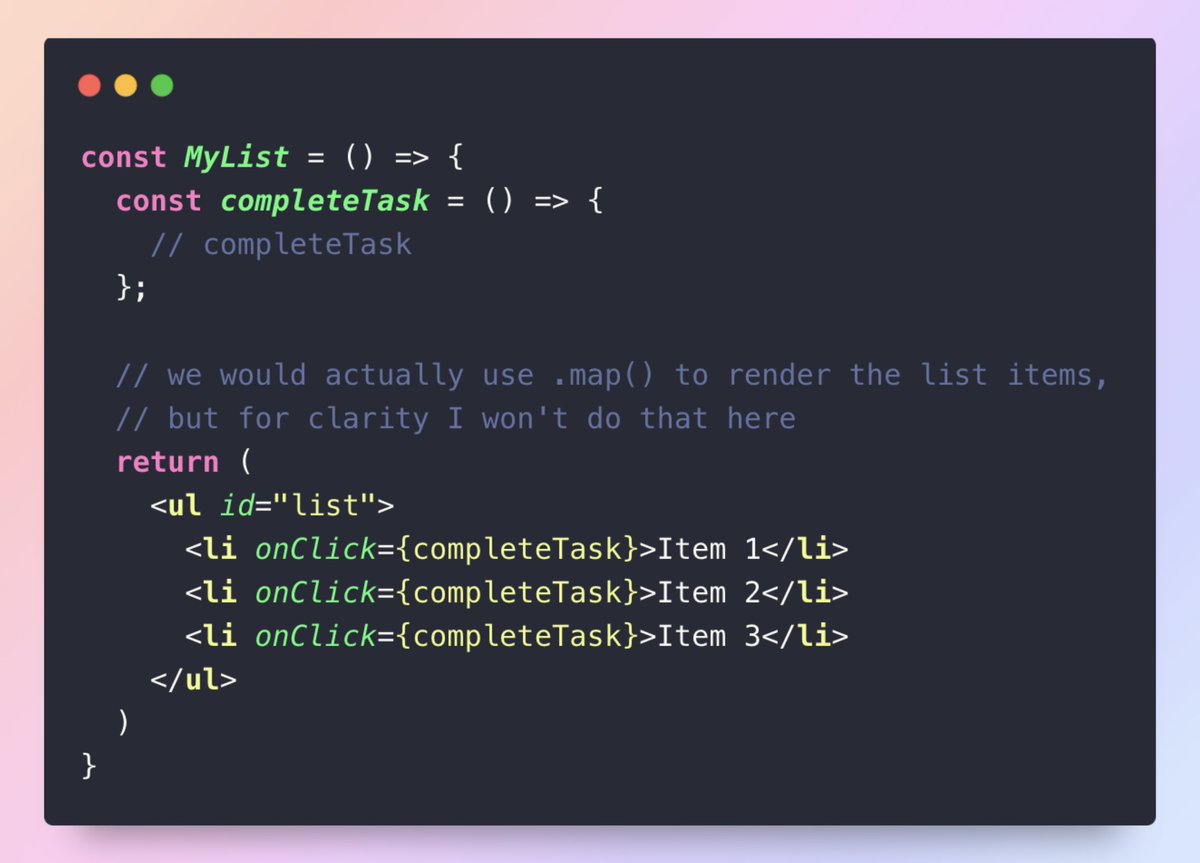wydmanski_'s tweet photo. If you're new to JavaScript, you're probably making this mistake.

If you make it during an interview, you're done.

Event Delegation

Let's say we're writing a to-do app, where you can complete an item by clicking on it:

Seems logical to attach an event listener to every single `<li>` item, right?

Well, no.

Doing that has a lot of downsides:

1. Memory-heavy

More listeners, more space used.

2. Slows down the page

It takes longer for the webpage to load if you have many listeners to set up.

3. Difficult to maintain

Repeating the same logic increases the chance of inconsistencies .

What should you do then?

Enter event delegation:

Place a single event listener on the parent element and identify the clicked child element.

Regardless of how many items you add to the to-do list, just one event listener placed on the parent element is enough.

It's more efficient, easier to maintain and cleaner.

"But in React we would attach one event listener per to-do item, right?"

Yes, it looks like we're attaching a separate click listener to each `<li>`, but React actually uses event delegation internally. 

It has one root-level event listener and figures out which component should handle the event.

⚡️⚡️⚡️

Event delegation is one of the key JavaScript concepts that often asked during a job interviews.

You need to know it by heart.