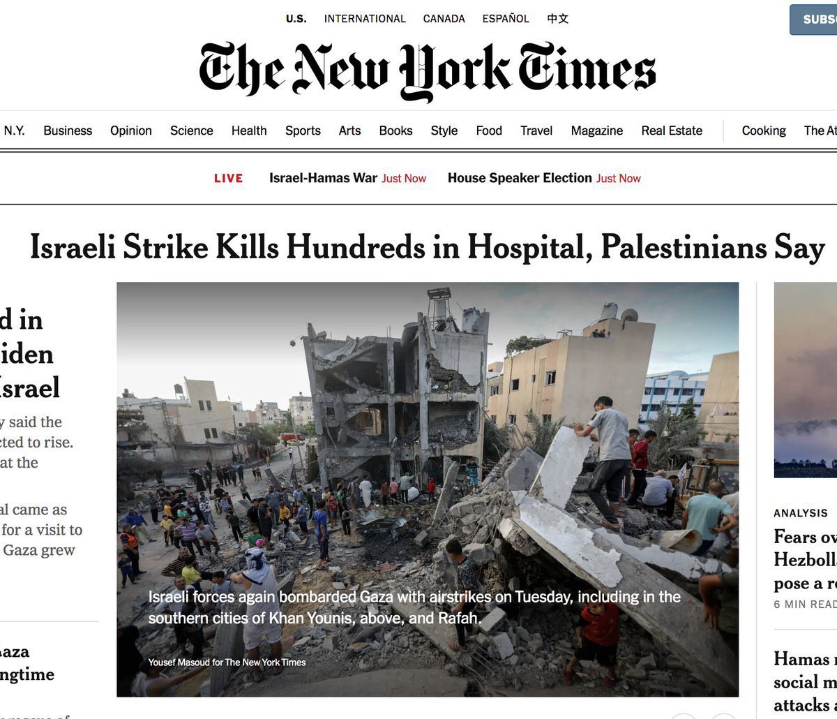 The NYT published a fictitious story about Israel bombing a hospital and killing hundreds. Their only source was the Hamas-run Health Ministry said. The featured photo was from a different location, but subtly tricks readers into thinking this was hospital that was “bombed.”.