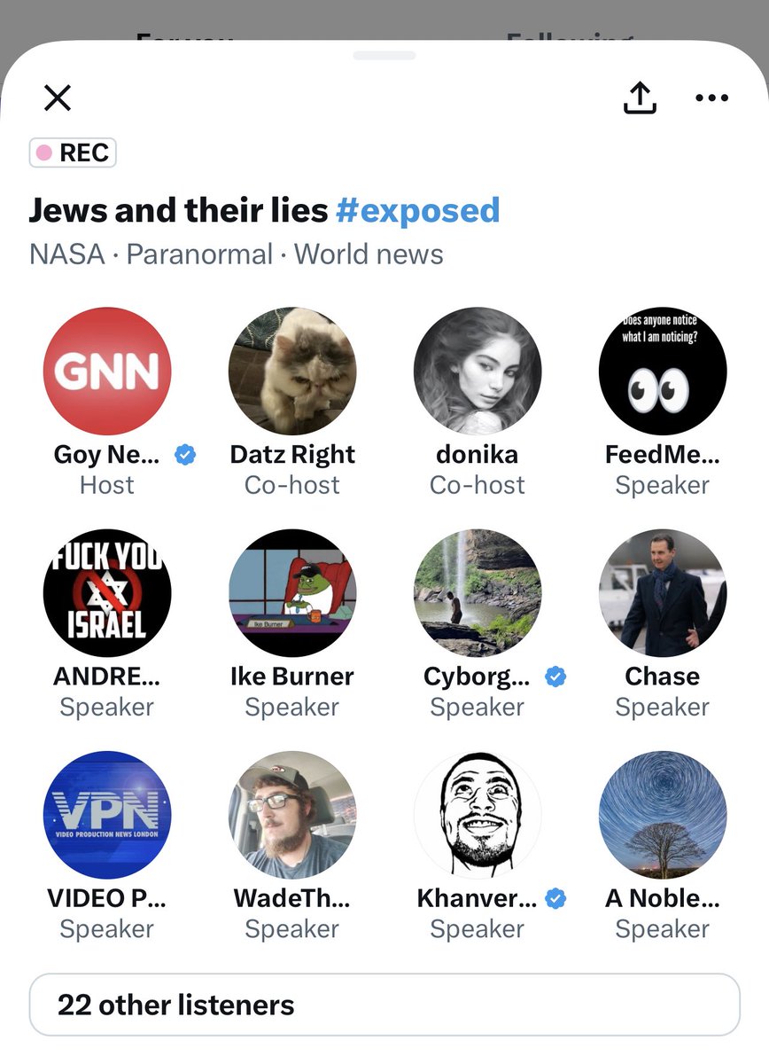 M1K3997's tweet photo. There is a space right now called… “Jews & their lies exposed” #stateofit https://t.co/uk5sQJAc0e