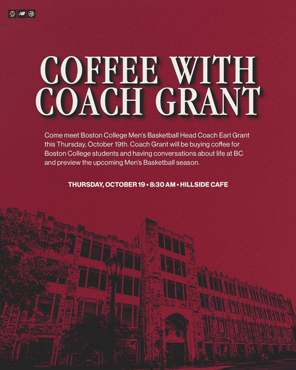 BCMBB's tweet photo. Coffee with Coach Grant ☕️
Coach Grant will be buying coffee for BC students tomorrow morning and inviting them to sit down and talk about life at BC and the upcoming Men’s Basketball season. We’ll see you there!
🗓️ Thursday, October 19
⏰ 8:30 AM
📍 Hillside Cafe https://t.co/90bWv8Osg4