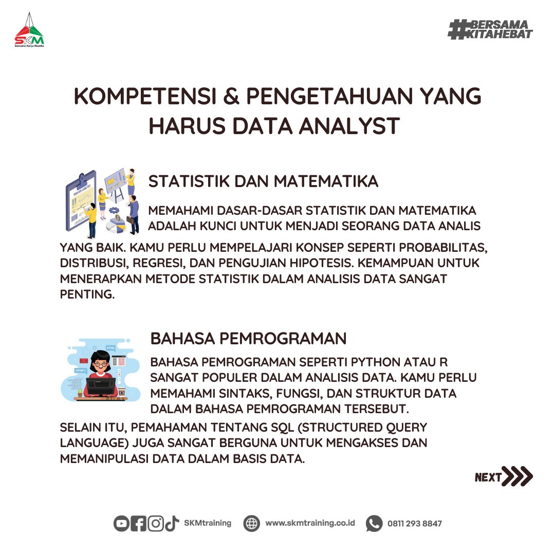 skmtraining_'s tweet image. Halo Sobat SKM!
Belakangan ini banyak sekali minta pada karir data analyst. Kira-kira supaya menjadi data analyst yang jago, kompetensi seperti apa yang harus kita miliki? Yuk simak berikut ini
#datanaalyst #dataanalysttips #Pelatihan #sertifikasi #safety #k3 #pjk3indonesia #SKM