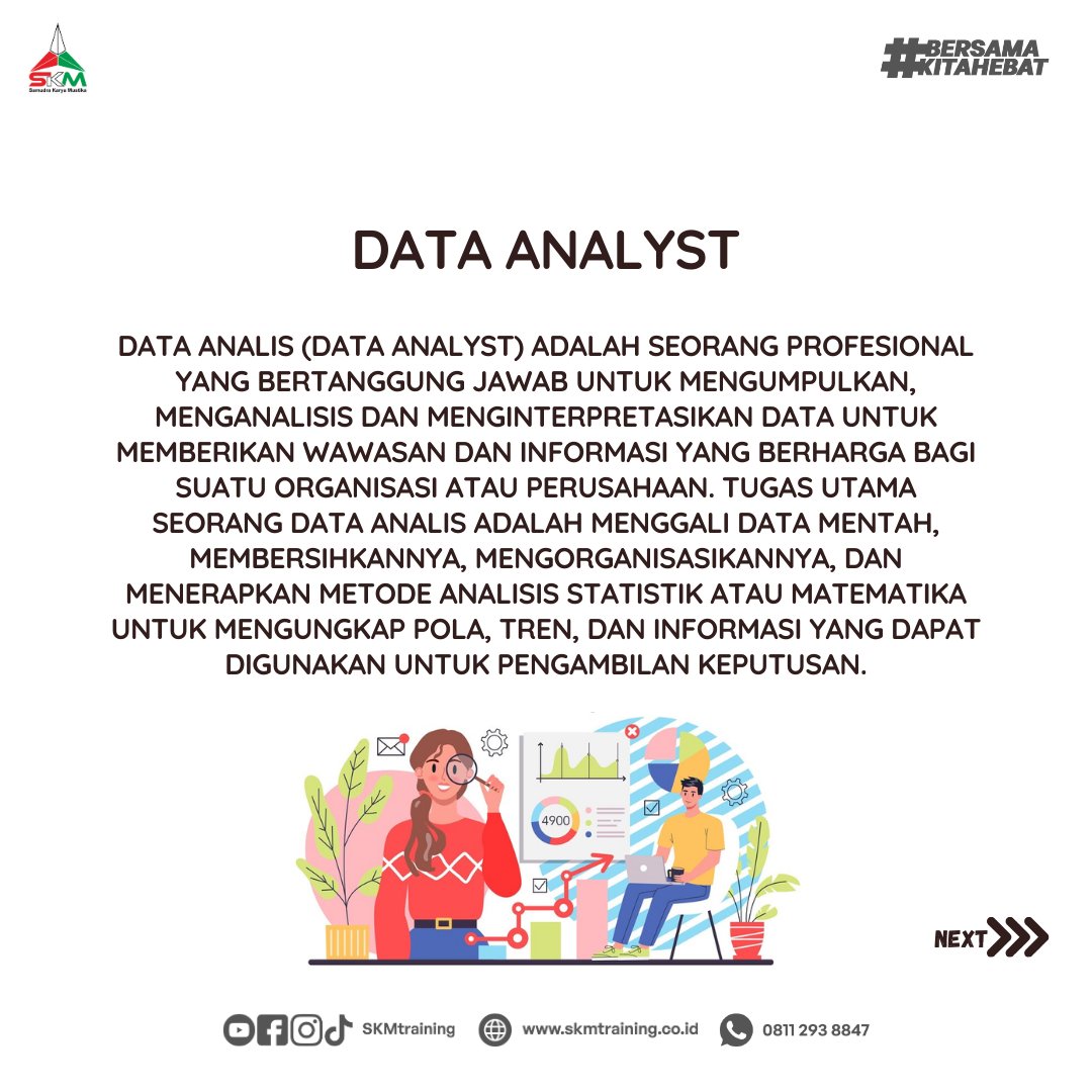 skmtraining_'s tweet image. Halo Sobat SKM!
Belakangan ini banyak sekali minta pada karir data analyst. Kira-kira supaya menjadi data analyst yang jago, kompetensi seperti apa yang harus kita miliki? Yuk simak berikut ini
#datanaalyst #dataanalysttips #Pelatihan #sertifikasi #safety #k3 #pjk3indonesia #SKM