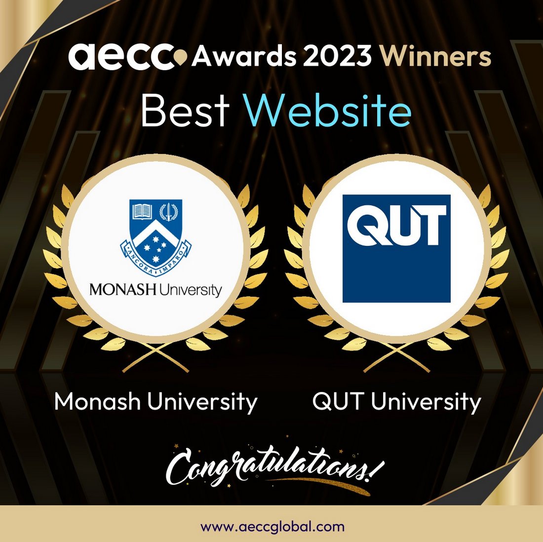 QUT's tweet photo. We're very excited to win this joint award for Best University Website 2023 at the @AECCGlobal annual awards ceremony! 🏆 https://t.co/DQLdLLqlg3
