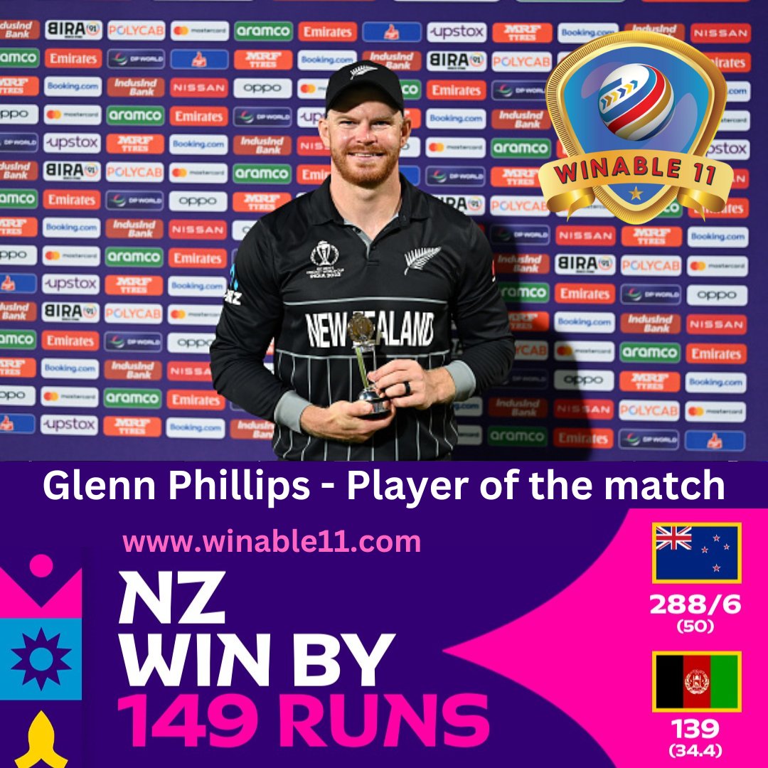 Winable11's tweet photo. 🇳🇿🏏 Four out of four from NZ! The Kiwis spring to the top of the table in style. New Zealand continues their unbeaten run in #CWC23 with yet another emphatic win in Chennai. 🔥🌟

#NZ #TableTopper #NewZealand #Team in #ICCWorldCup2023 #LaunchingSoon #FantasyCricketApp #Winable11 https://t.co/DEGt39OQw9