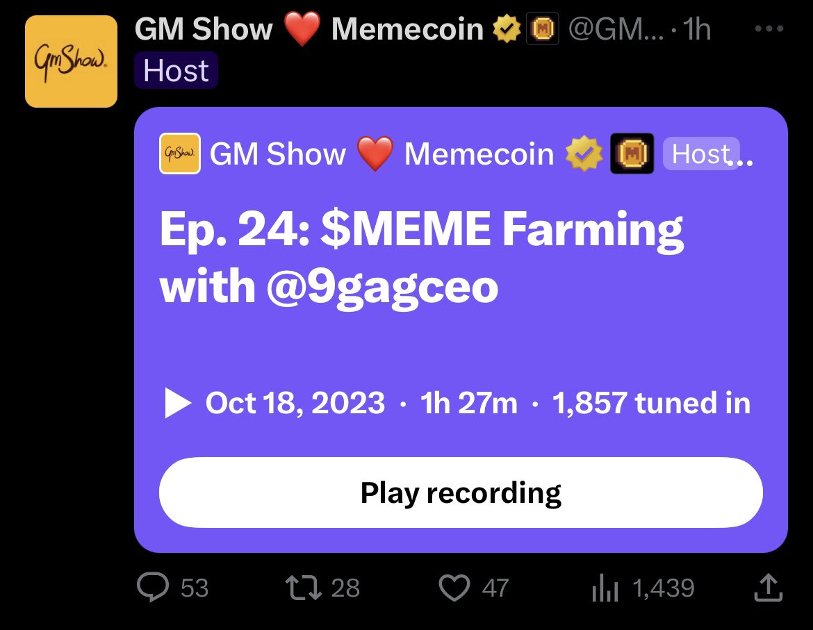 GM Show with <a href="/9gagceo/">9GAGCEO</a> TLDR ⤵️

The $MEME marketing is based on a micro-influencer strategy utilizing the community and outside participants. Word of mouth is the name of the game.

$MEME farming is an MVP or ‘Minimal Viable Product’ to a bigger SocialFi product launch aligned to