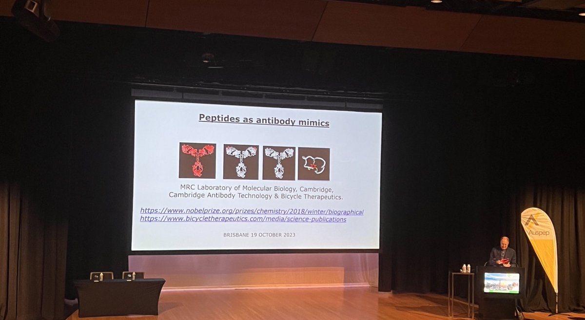 <a href="/genentech/">Genentech</a> Concluding our session on peptide drugs in the clinic, Nobel laureate Greg Winter is giving everyone chills of anticipation towards peptide drugs as antibody mimics! 🚲 #AusPeptide2023