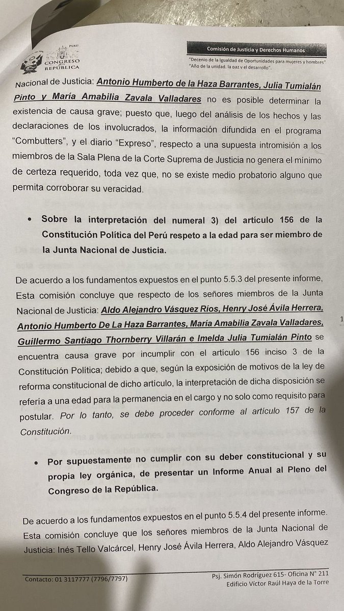 #AlertaLegislativa: Comisión de Justicia aprueba, por mayoría, el nuevo informe que recomienda remover a los miembros de la #JNJ -incluyendo a Inés Tello- por “causa grave”. Fueron 13 votos a favor, 3 en contra y 2 abstenciones.