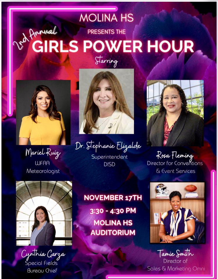 Moises E. Molina High School (@molinahigh) on Twitter photo 1 month until our 2nd Annual Girls Power Hour! <a href="/TeamDallasISD/">Team Dallas ISD</a> @MRamirezDISD <a href="/SHussainDISD/">Salem Hussain</a> <a href="/DallasISDSupt/">Dr. Stephanie S. Elizalde</a> <a href="/JacobNunez27/">Jacob Nuñez</a> <a href="/marielruizwx/">Mariel Ruiz</a> <a href="/Coachbru3/">Coachbru</a> <a href="/EduCourse601/">Harriet Course</a> <a href="/WeemsJessica/">Jessica Weems</a> <a href="/LCerda07/">Lisa Cerda</a> <a href="/coach_balderas/">Coach Balderas</a> <a href="/YeIbarra07/">Yenny Ibarra</a> <a href="/molinatheatre/">Molina Theatre</a> <a href="/MolinaV_ball/">Molina Volleyball</a> <a href="/BrendaBarrera04/">Brenda Barrera</a> <a href="/RecruitMoJags/">RecruitMoJags</a> 1 month until our 2nd Annual Girls Power Hour! <a href="/TeamDallasISD/">Team Dallas ISD</a> @MRamirezDISD <a href="/SHussainDISD/">Salem Hussain</a> <a href="/DallasISDSupt/">Dr. Stephanie S. Elizalde</a> <a href="/JacobNunez27/">Jacob Nuñez</a> <a href="/marielruizwx/">Mariel Ruiz</a> <a href="/Coachbru3/">Coachbru</a> <a href="/EduCourse601/">Harriet Course</a> <a href="/WeemsJessica/">Jessica Weems</a> <a href="/LCerda07/">Lisa Cerda</a> <a href="/coach_balderas/">Coach Balderas</a> <a href="/YeIbarra07/">Yenny Ibarra</a> <a href="/molinatheatre/">Molina Theatre</a> <a href="/MolinaV_ball/">Molina Volleyball</a> <a href="/BrendaBarrera04/">Brenda Barrera</a> <a href="/RecruitMoJags/">RecruitMoJags</a>